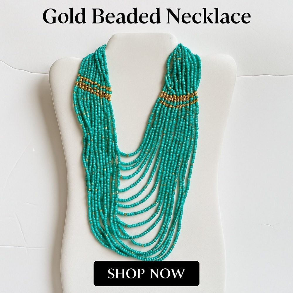 👉 Multi-Strand Turquoise & Gold Beaded Necklace – Statement Layered Look